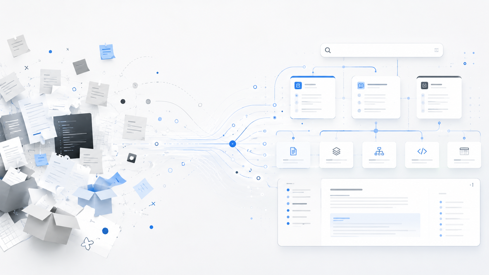 Scattered technical documents transforming into an organized, searchable knowledge system.